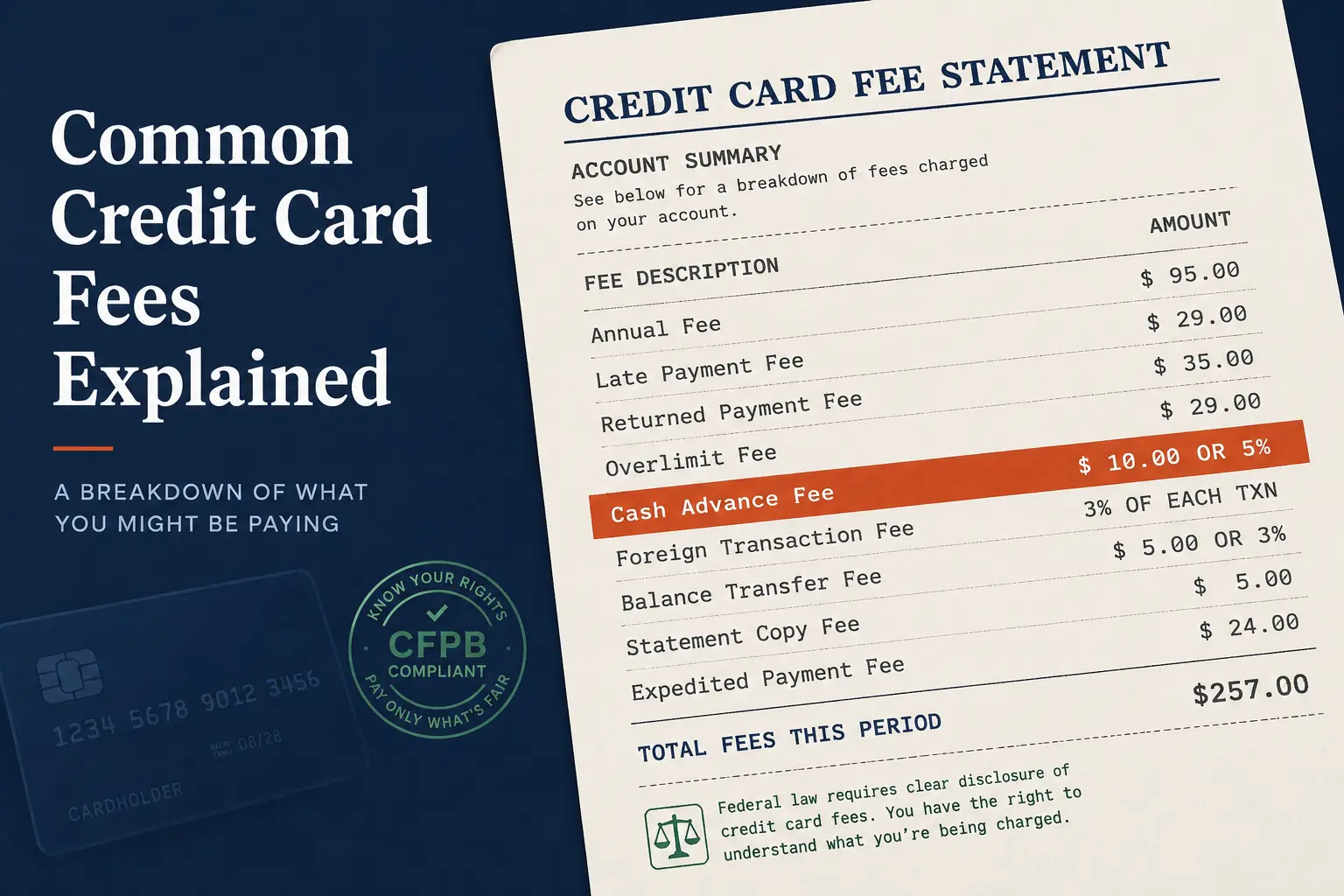 Itemized credit card fee summary showing annual fee, late payment fee, cash advance fee, balance transfer fee, and foreign transaction fee rates