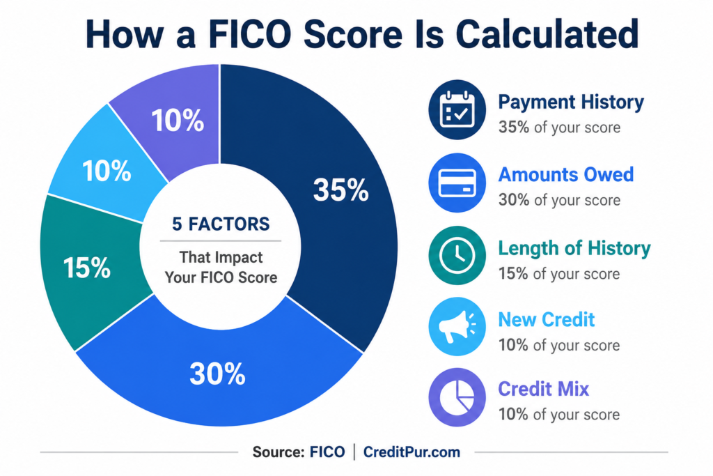 Pie chart showing the five FICO credit score factors:
payment history 35%, amounts owed 30%, length of credit history 15%,
new credit 10%, and credit mix 10%