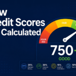 Illustration of a credit score gauge showing a score of 750 out of 850, representing how credit scores are calculated in the US