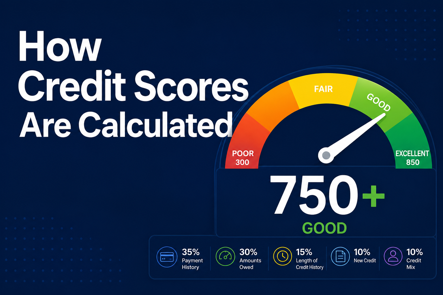 Illustration of a credit score gauge showing a score of 750 out of 850, representing how credit scores are calculated in the US