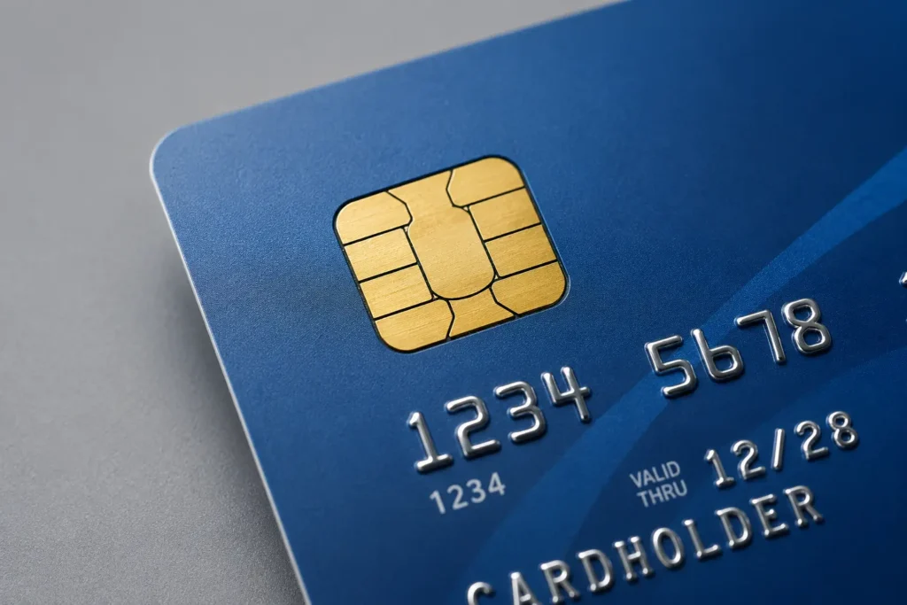 Close-up of an EMV chip on a US credit card used for fraud prevention