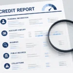 Illustration of a US credit report document showing its main sections including personal information, account history, inquiries, and public records