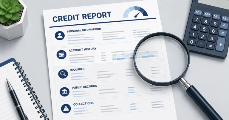 Illustration of a US credit report document showing its main sections including personal information, account history, inquiries, and public records